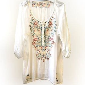 Johnny Was Embroidered Long Sleeve Sheer White Blouse-slight stain pls see photo